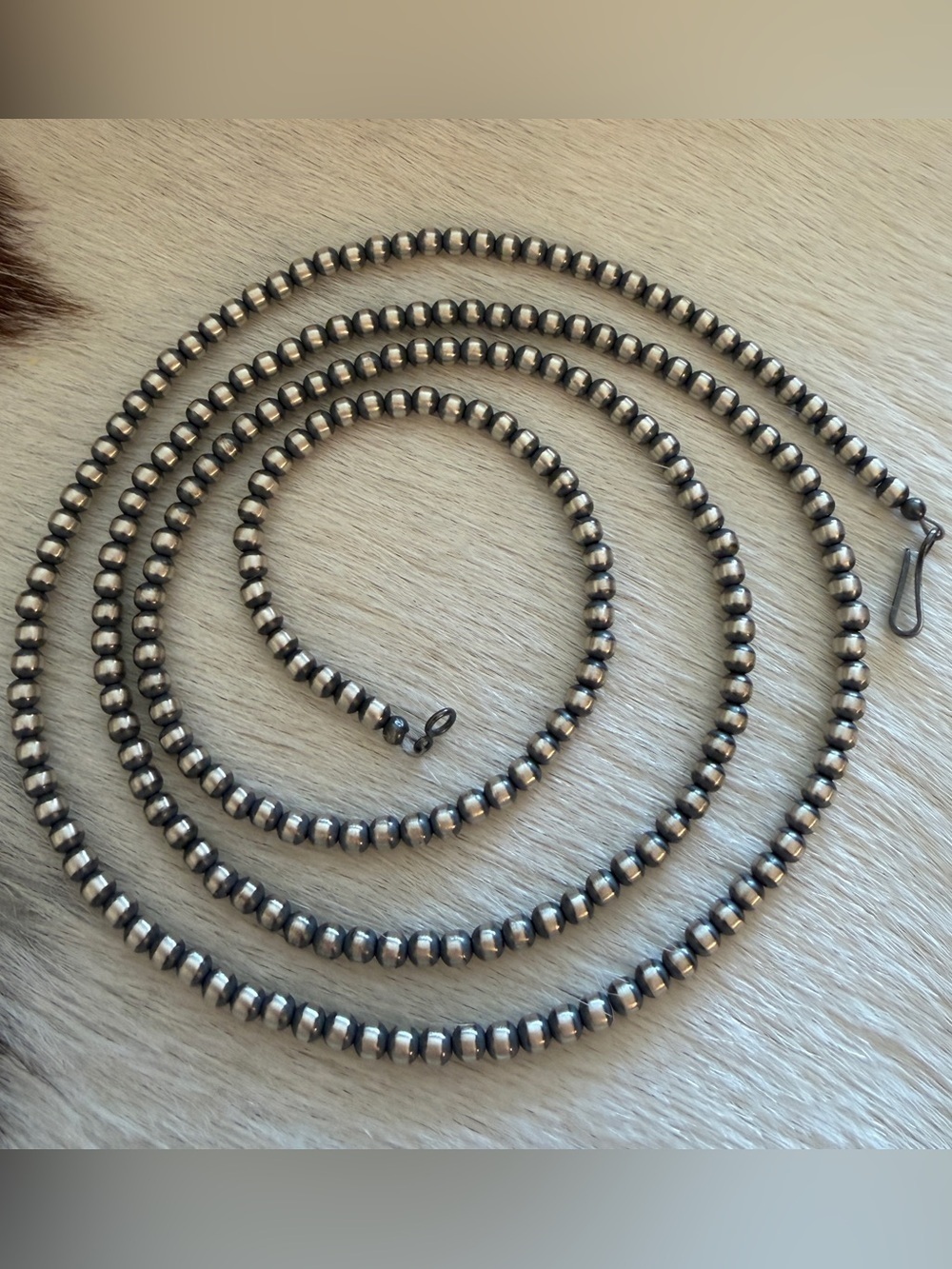 ❤️ 36” 4mm Navajo Desert Pearls / Beads Sterling Silver Necklace USA 20G Unisex